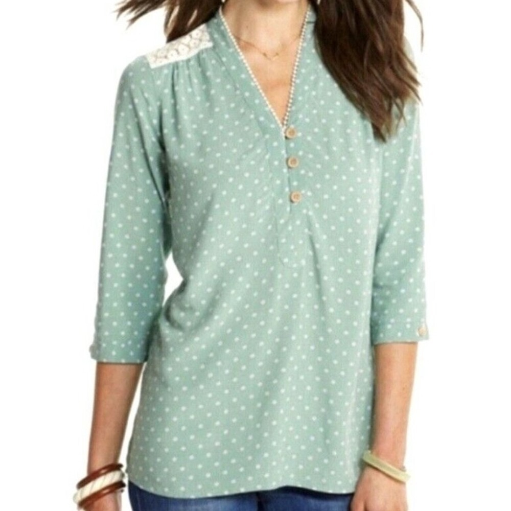 Matilda‎ Jane Womens Green Polka Dot Crochet Lace Henley Top Small 3/4 Sleeve